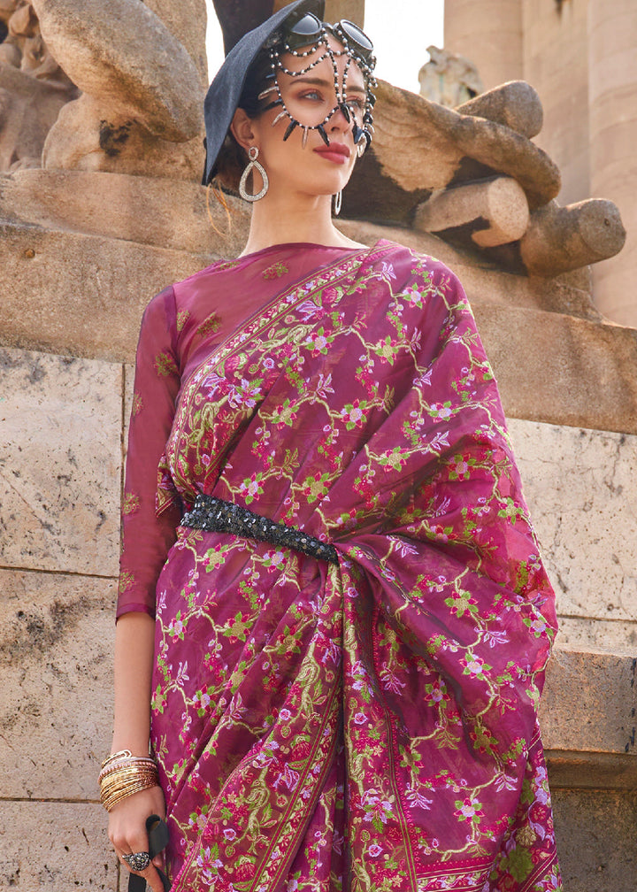 Rhubarb Purple Parsi Woven Organza Silk Saree
