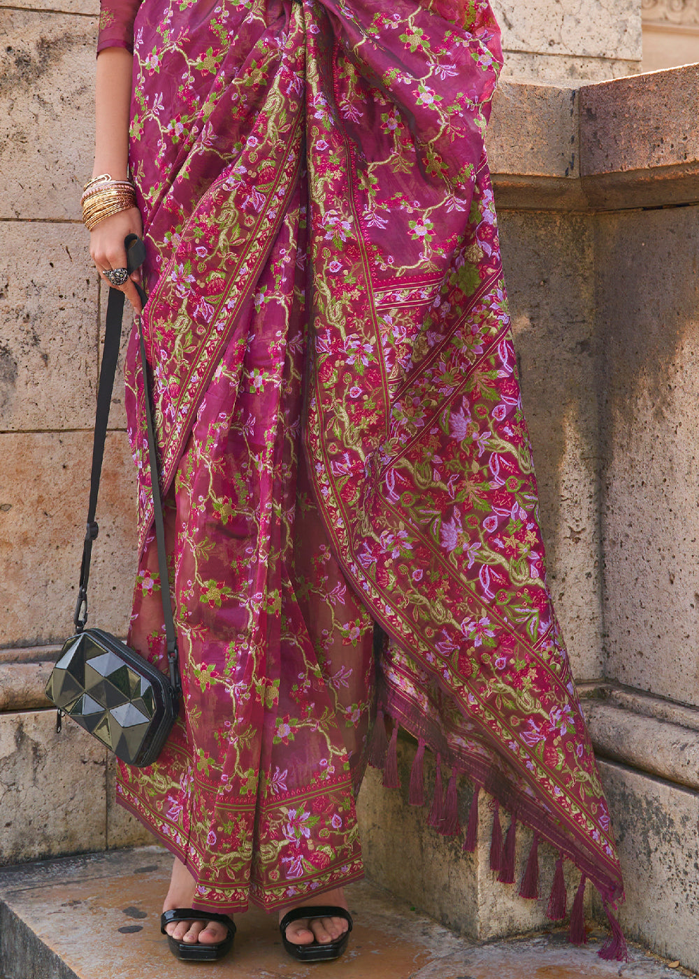 Rhubarb Purple Parsi Woven Organza Silk Saree