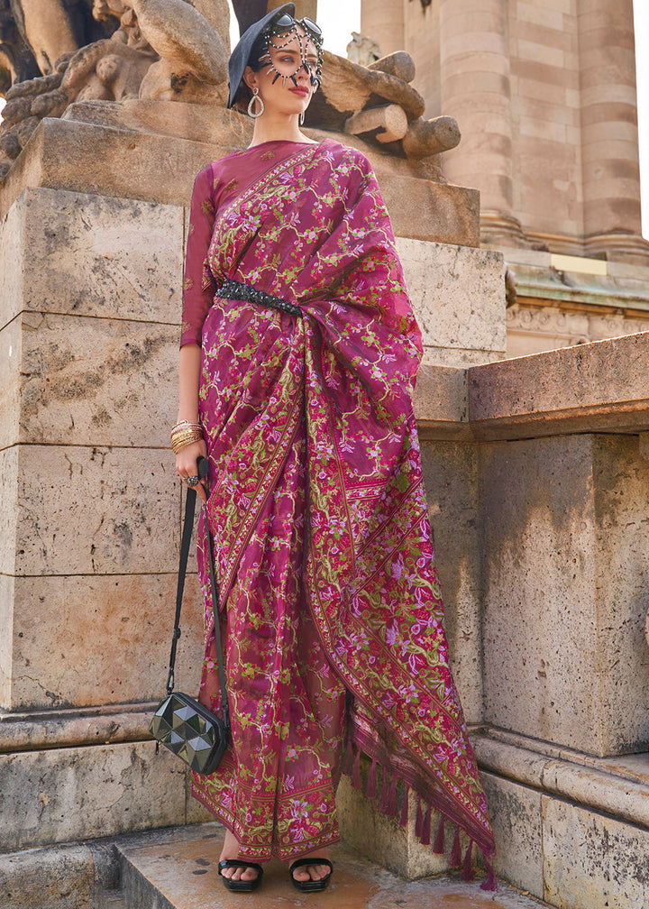 Rhubarb Purple Parsi Woven Organza Silk Saree