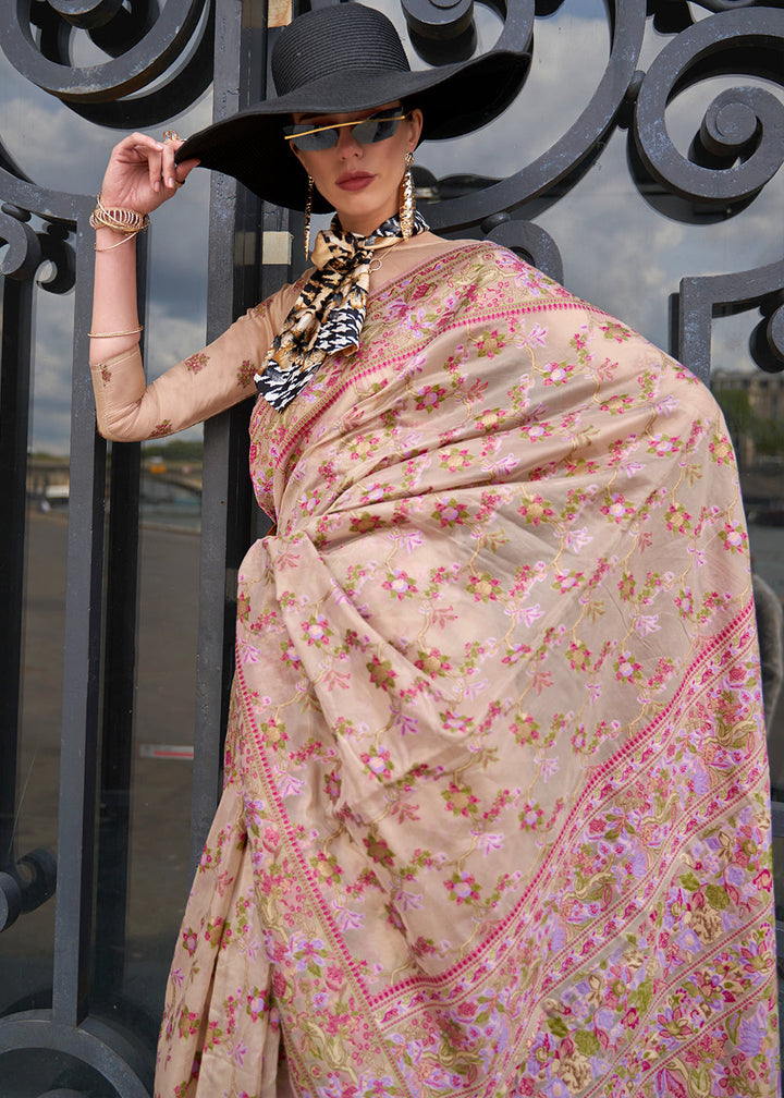Beige Brown Parsi Woven Organza Silk Saree