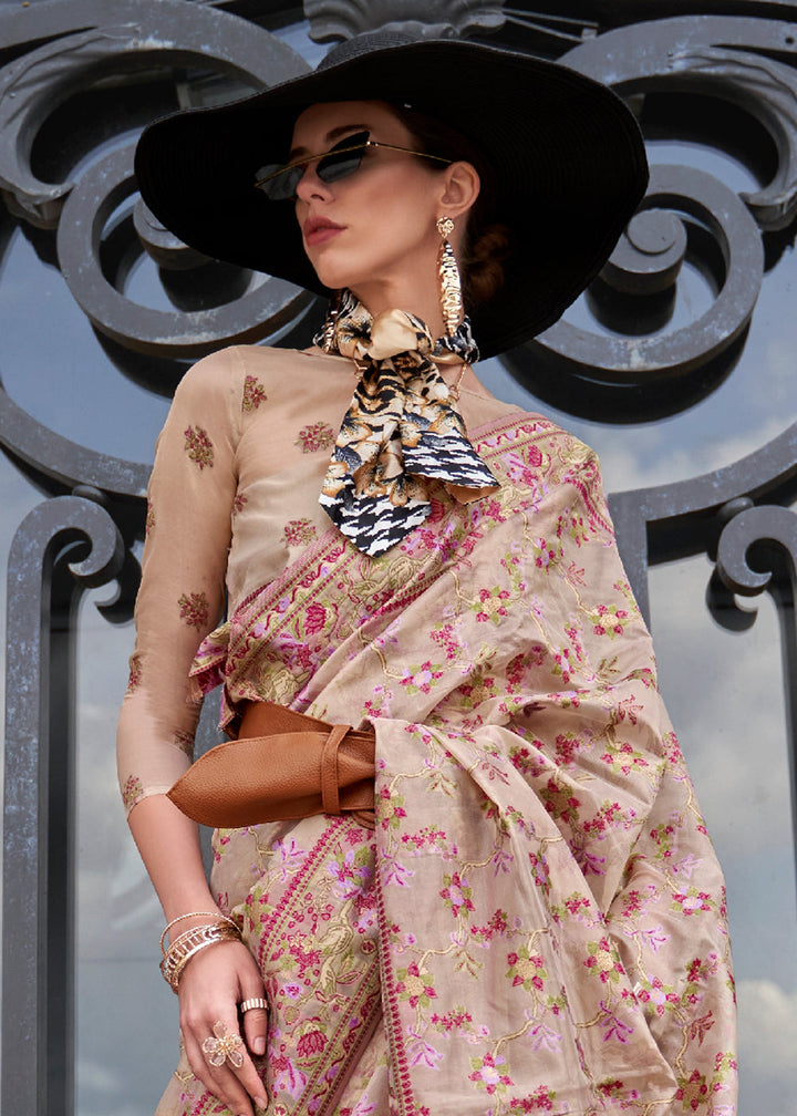 Beige Brown Parsi Woven Organza Silk Saree