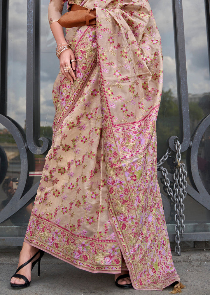 Beige Brown Parsi Woven Organza Silk Saree