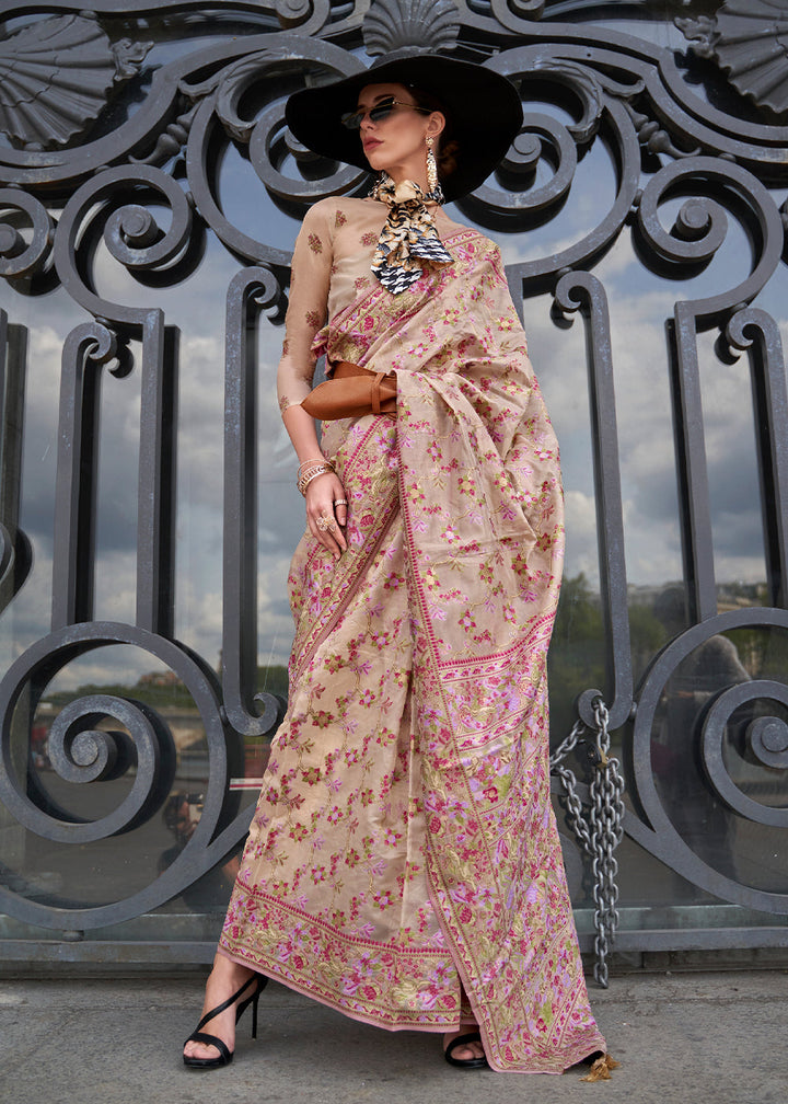 Beige Brown Parsi Woven Organza Silk Saree