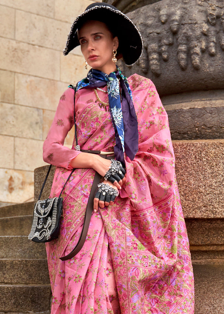 Neon Pink Parsi Woven Organza Silk Saree