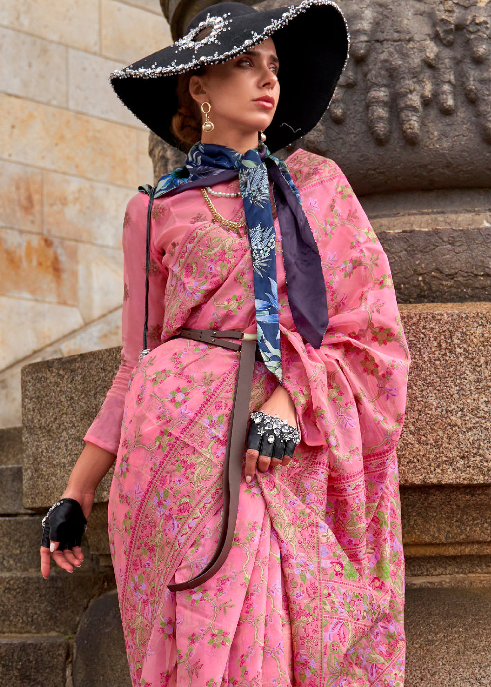 Neon Pink Parsi Woven Organza Silk Saree