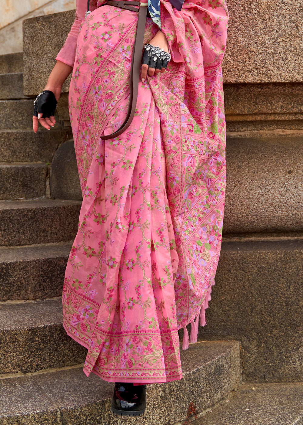 Neon Pink Parsi Woven Organza Silk Saree