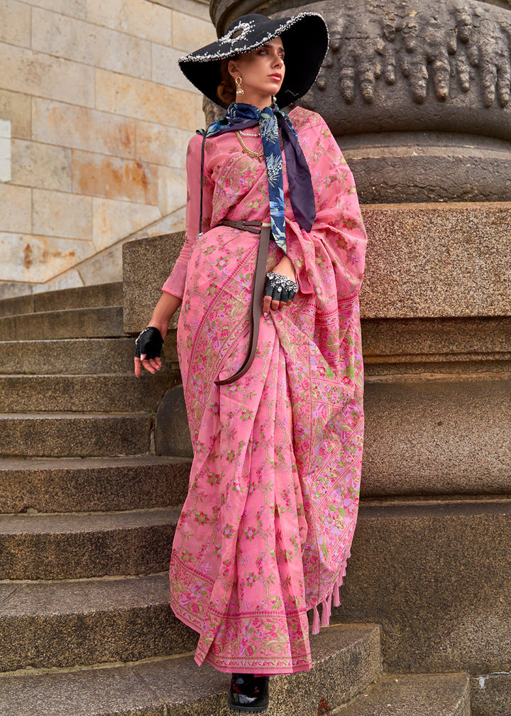 Neon Pink Parsi Woven Organza Silk Saree