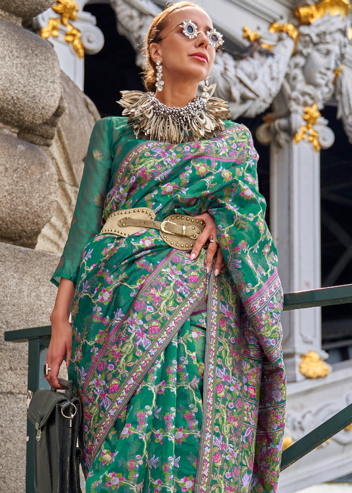 Greasy Green Parsi Woven Organza Silk Saree