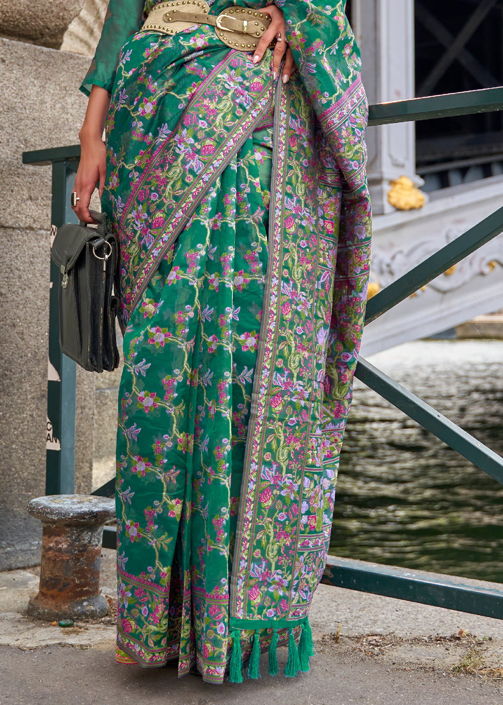 Greasy Green Parsi Woven Organza Silk Saree