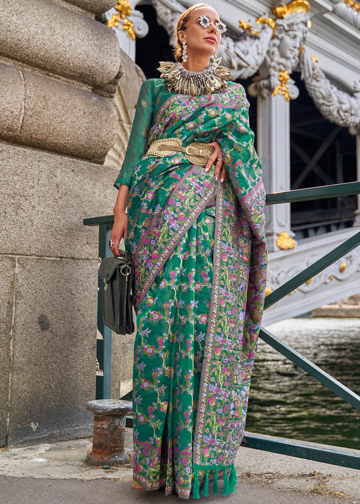 Greasy Green Parsi Woven Organza Silk Saree
