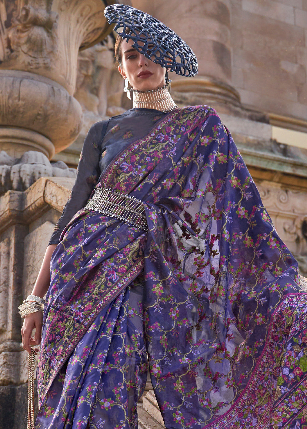 Indigo Purple Parsi Woven Organza Silk Saree