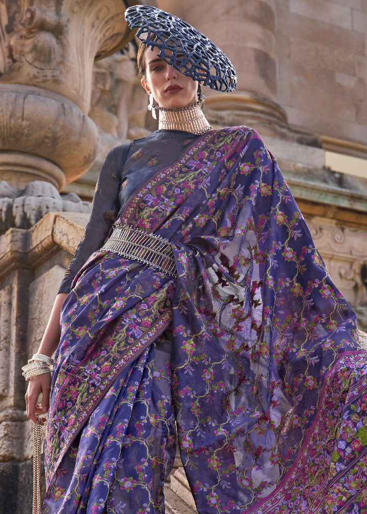Indigo Purple Parsi Woven Organza Silk Saree