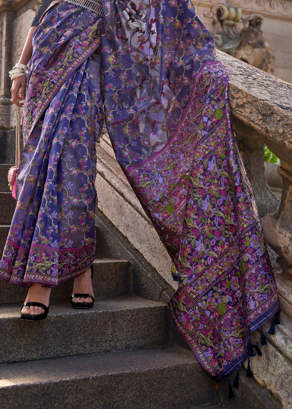 Indigo Purple Parsi Woven Organza Silk Saree