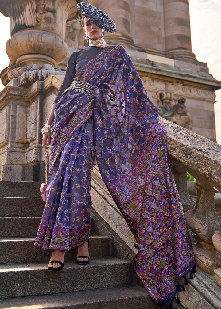 Indigo Purple Parsi Woven Organza Silk Saree