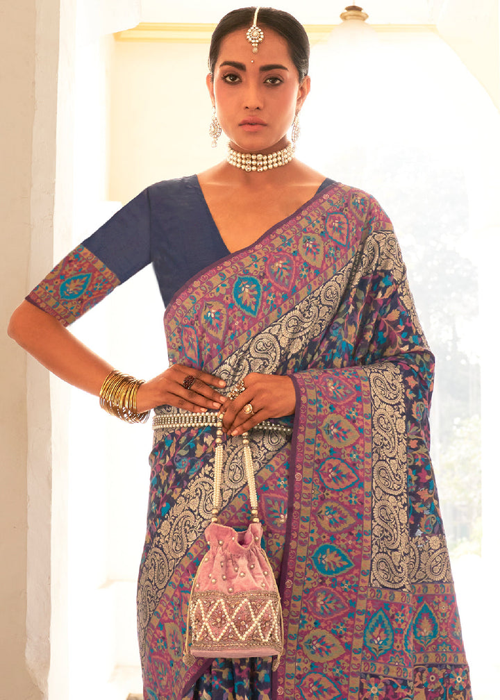 Indigo Blue Banarasi Jamawar Kashmiri Woven Silk Saree