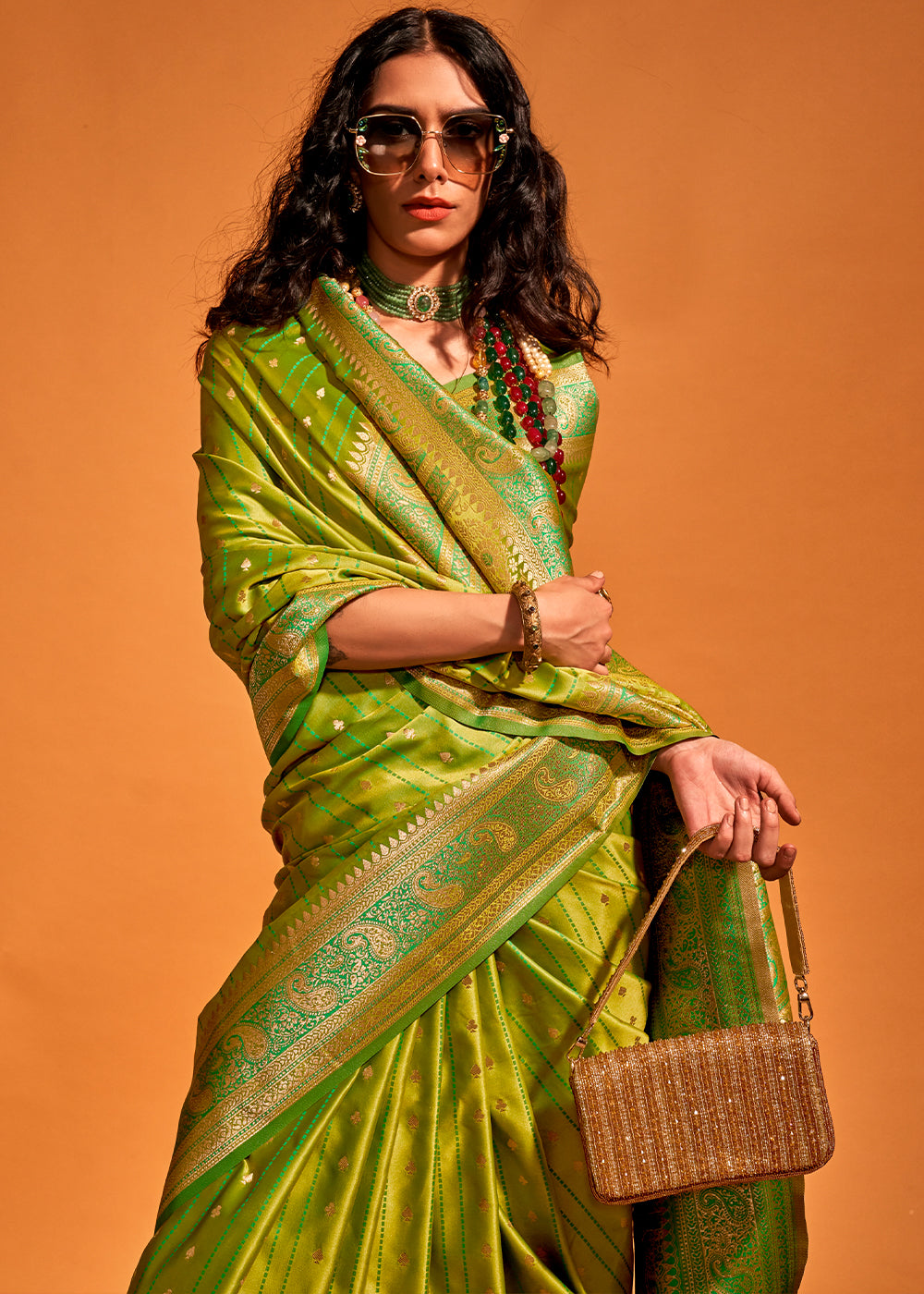 Pear Green Satin Silk Saree