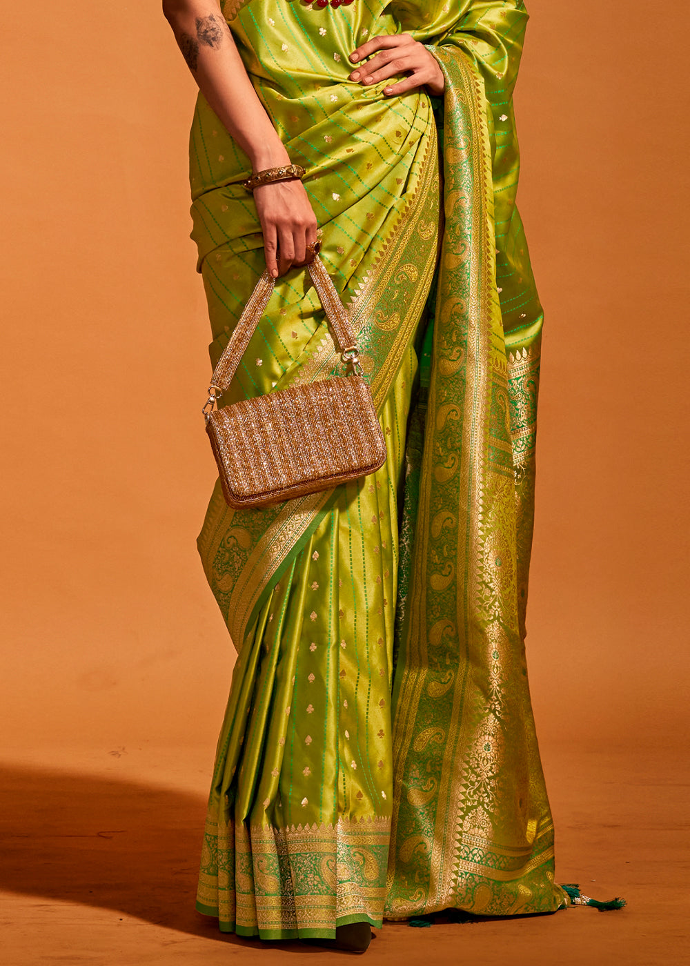 Pear Green Satin Silk Saree