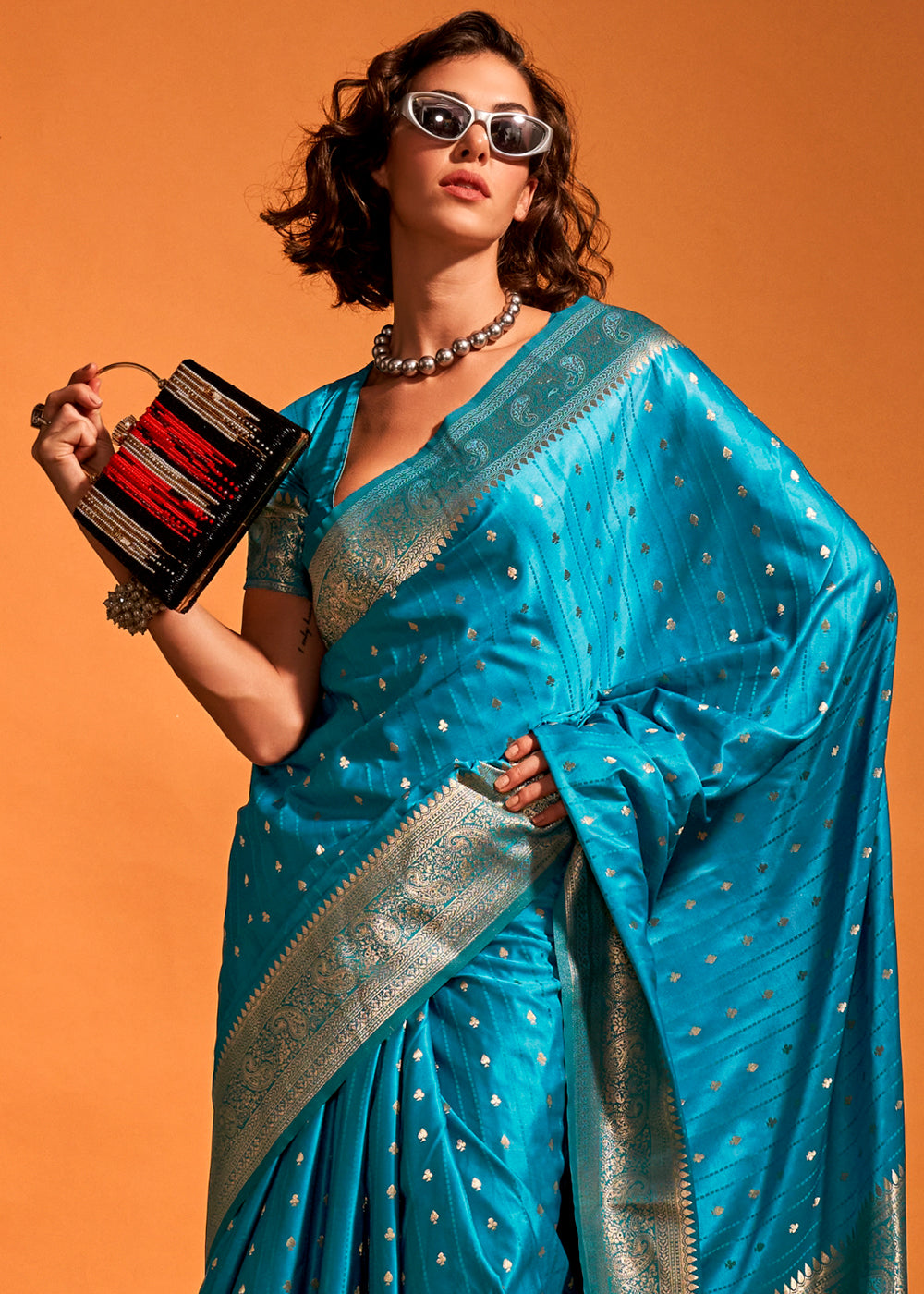 Cerulean Blue Satin Silk Saree