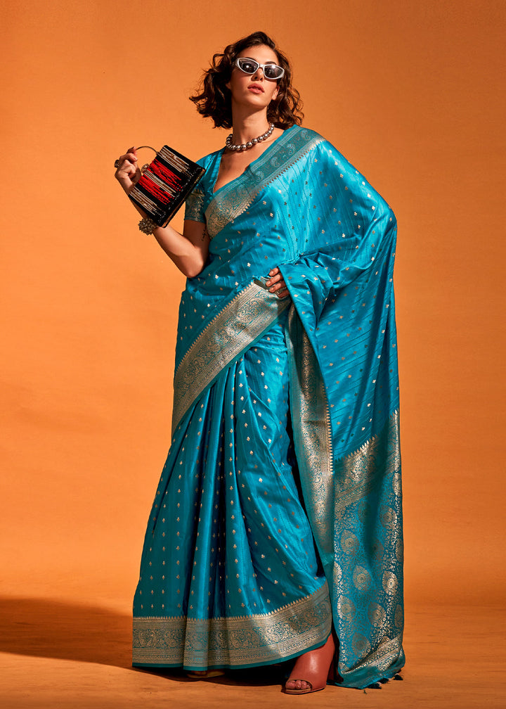 Cerulean Blue Satin Silk Saree