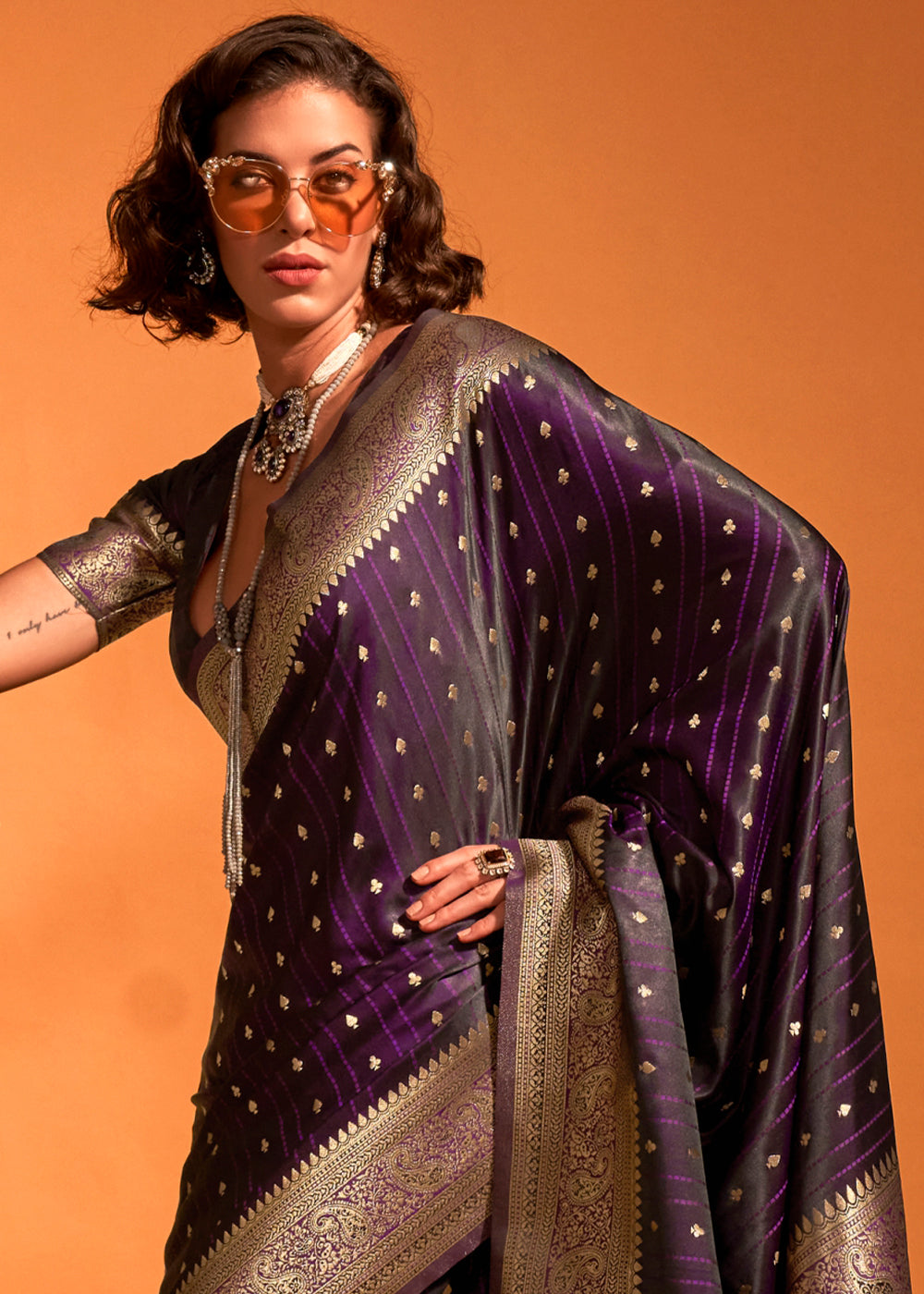 Eggplant Purple Satin Silk Saree