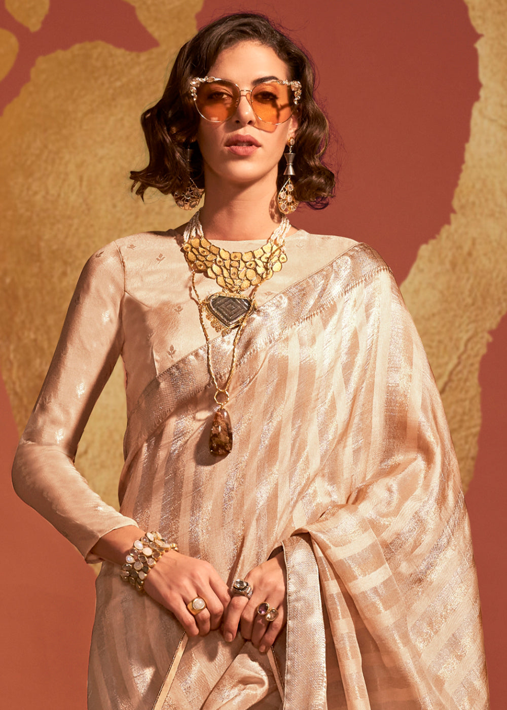 Beige Brown Viscose Silk Saree