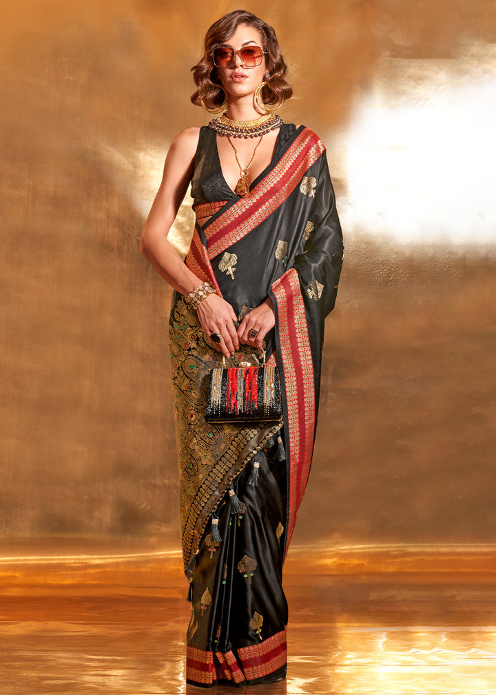 Soot Black Satin Silk Saree