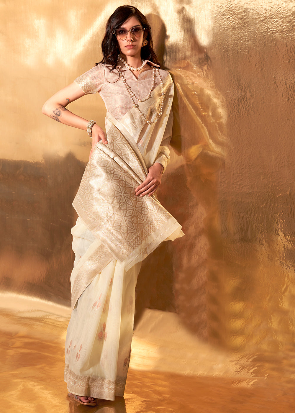 Parchment White Linen Cotton Saree