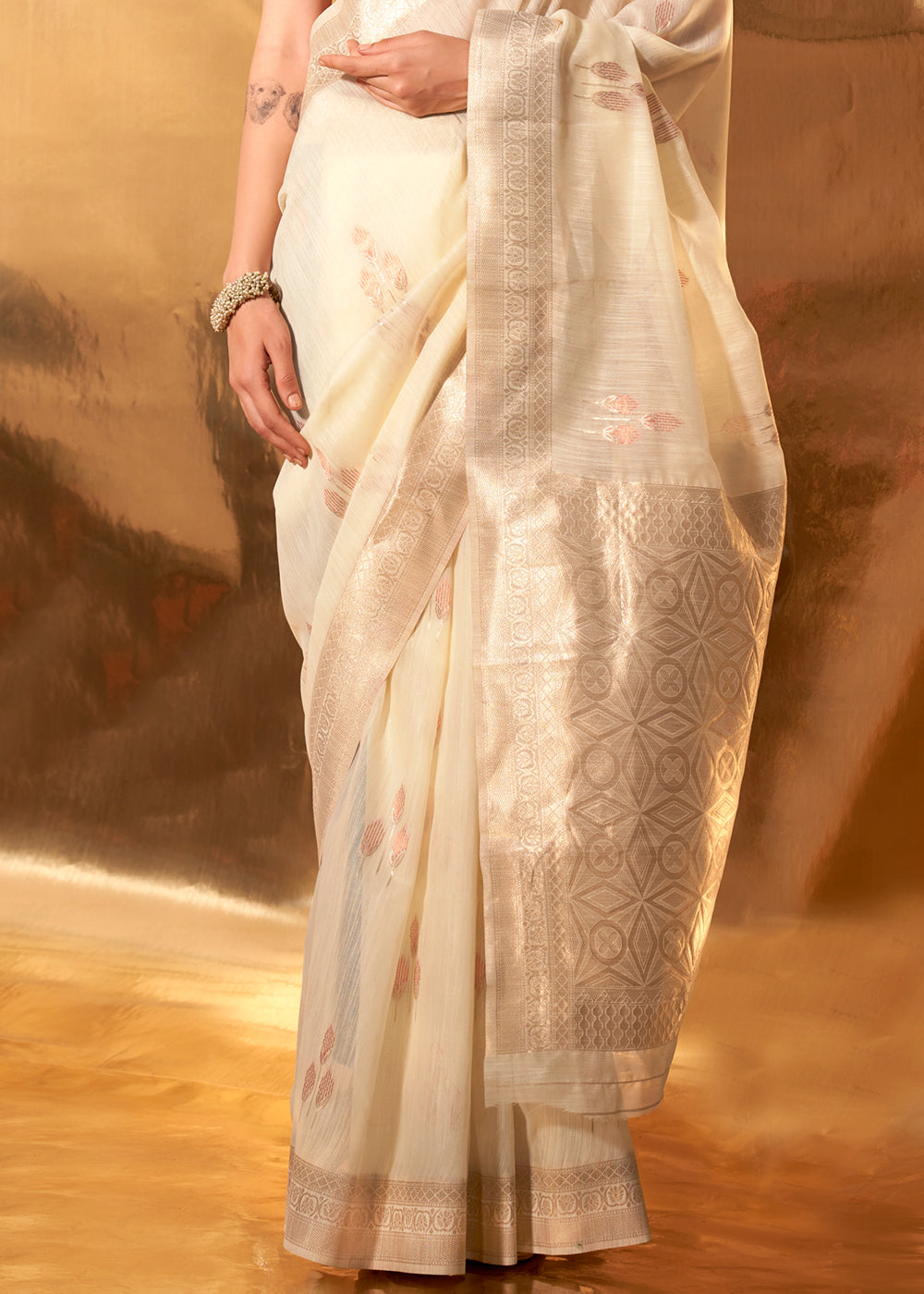 Parchment White Linen Cotton Saree