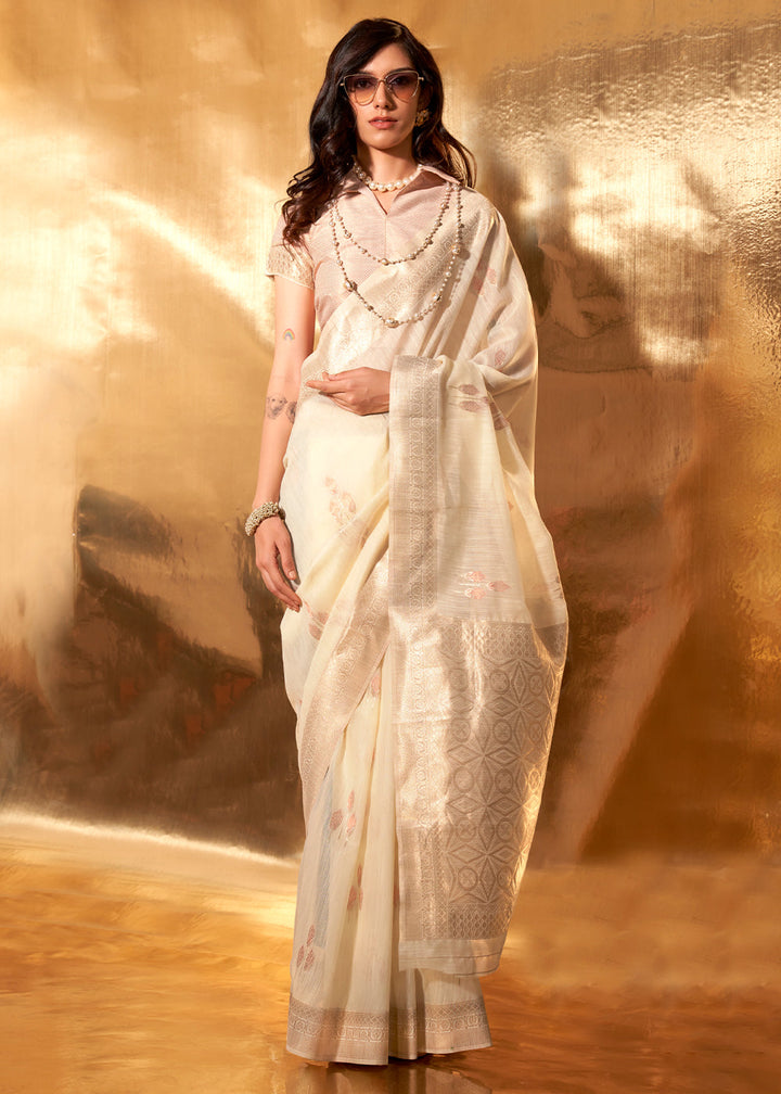 Parchment White Linen Cotton Saree