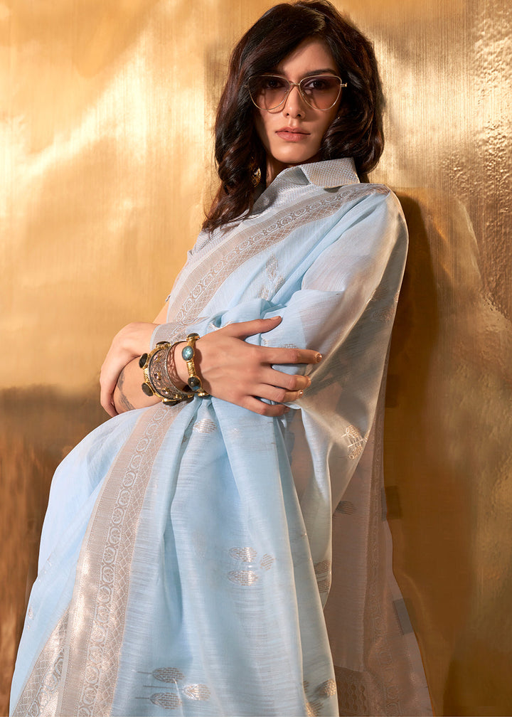 Sky Blue Linen Cotton Saree