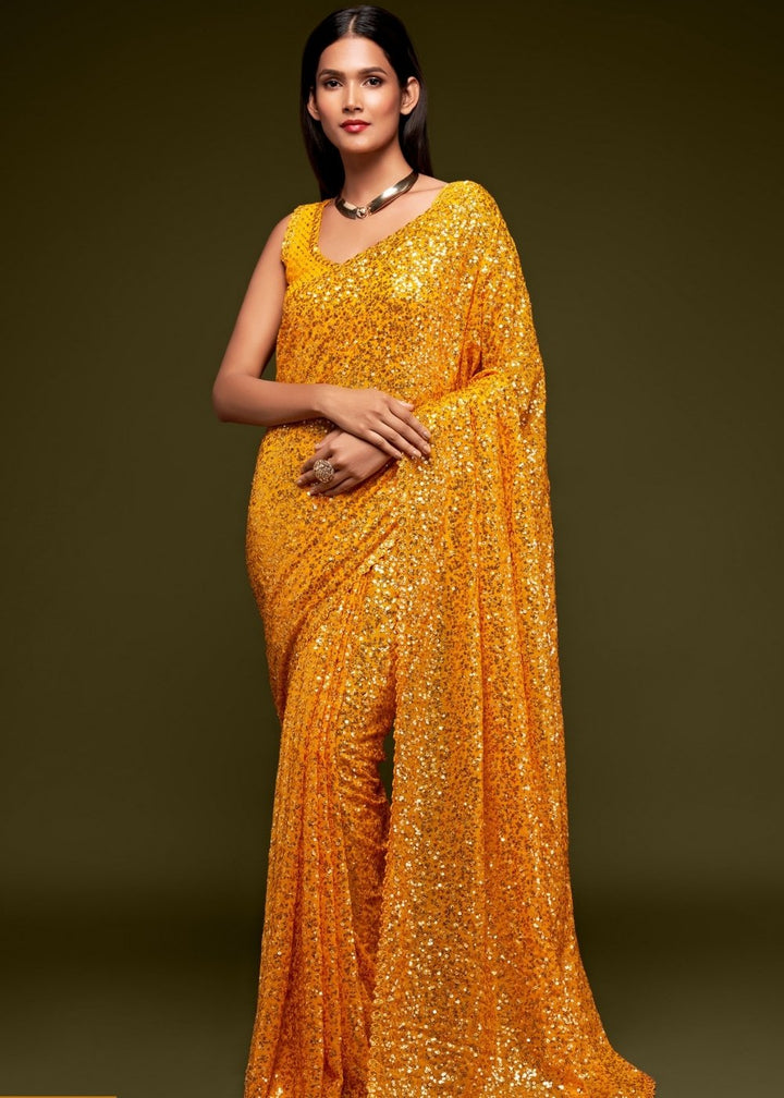 Golden Yellow Designer Georgette Saree