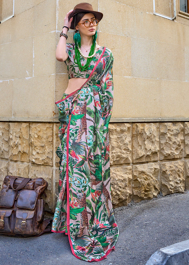 Green & Pink Printed Satin Silk Saree