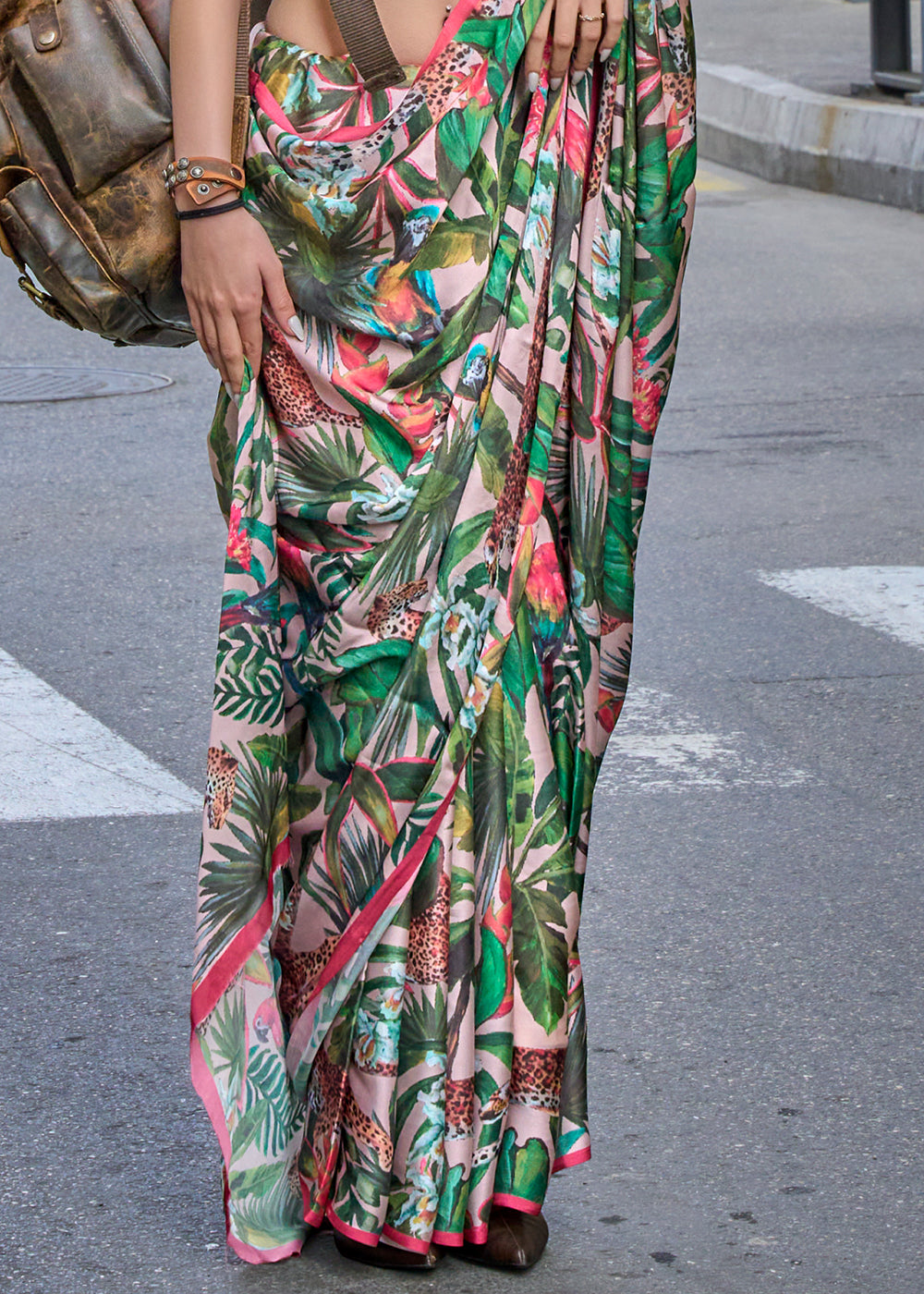 Green & Pink Printed Satin Silk Saree