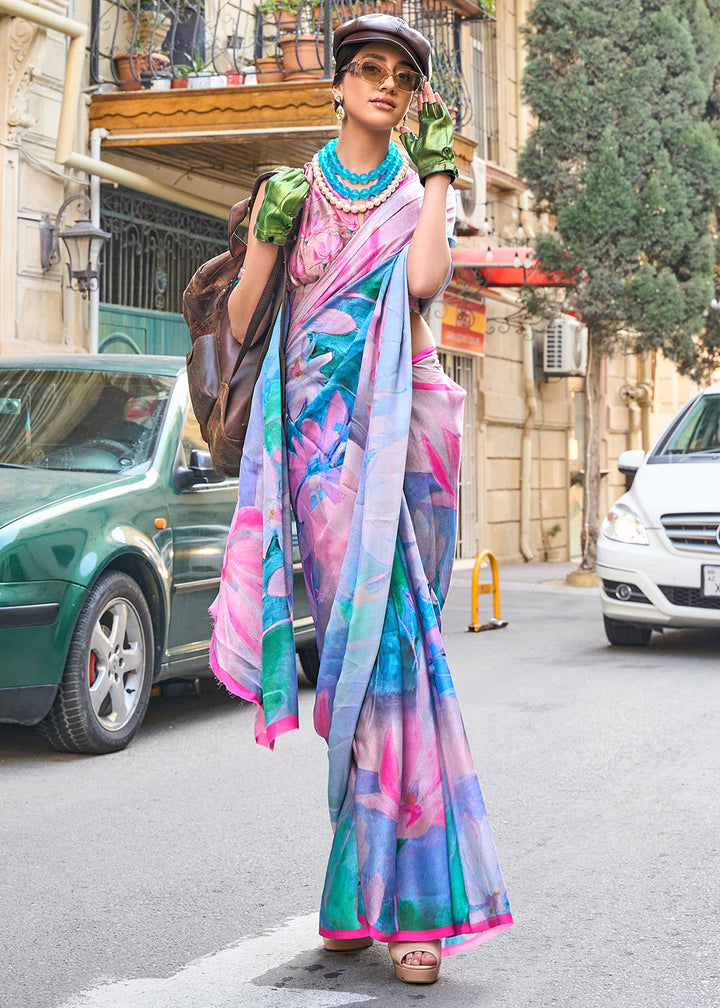 Blue & Pink Printed Satin Silk Saree