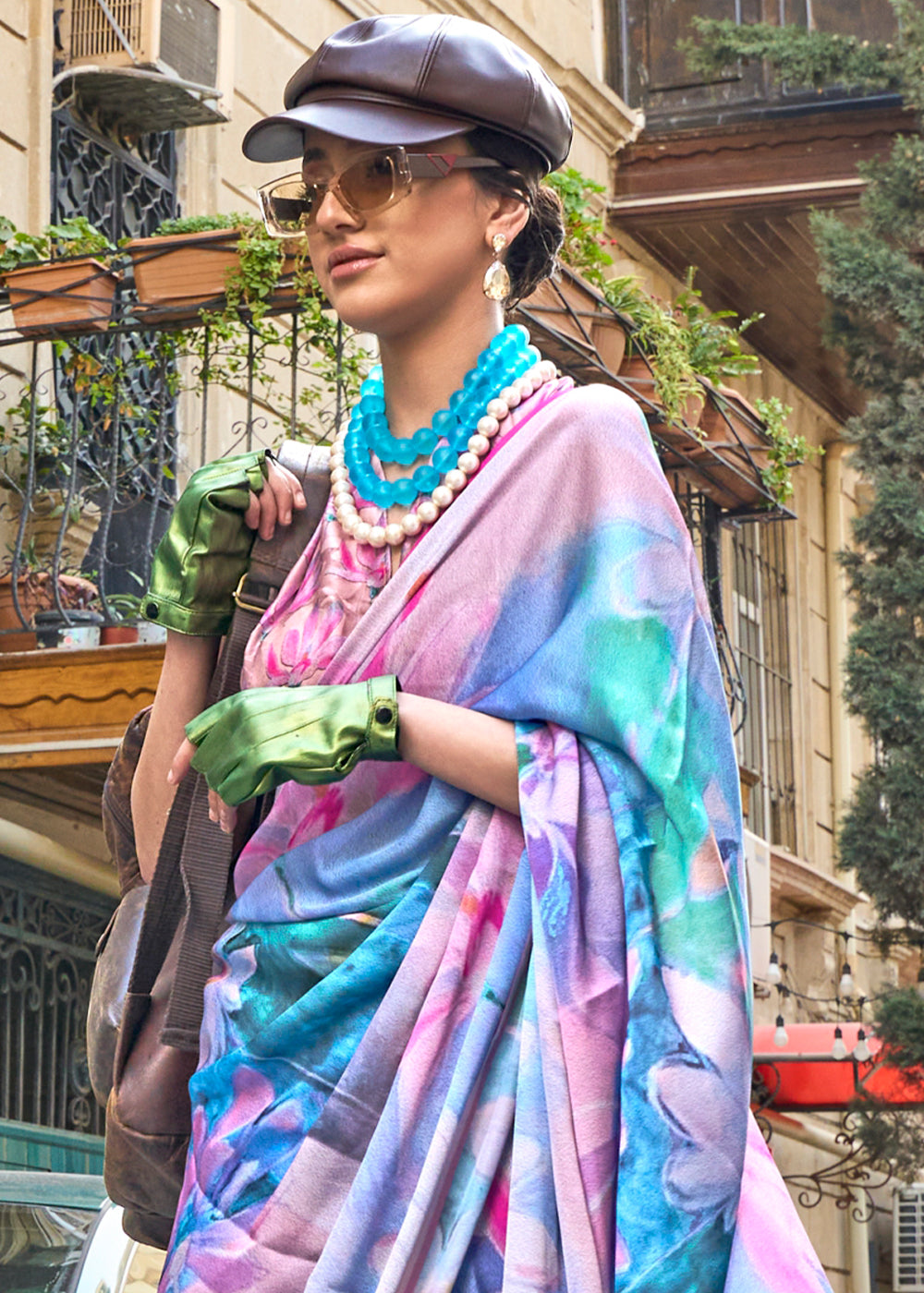 Blue & Pink Printed Satin Silk Saree