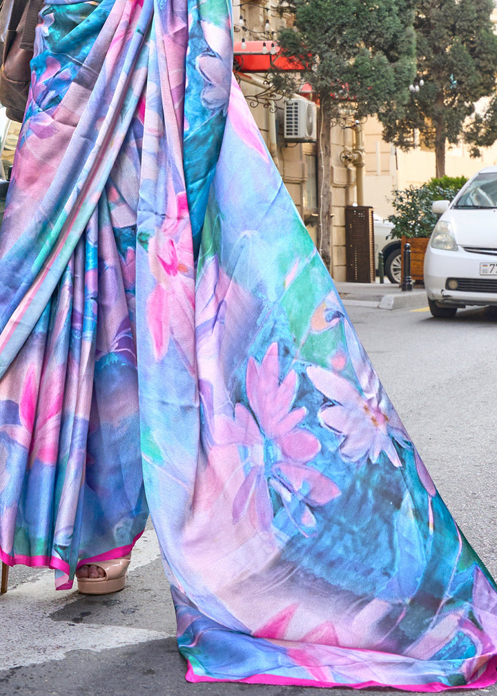 Blue & Pink Printed Satin Silk Saree