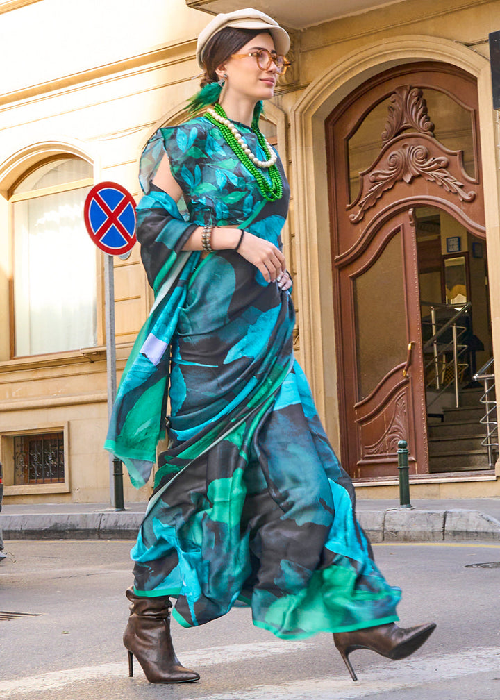 Blue & Black Printed Satin Silk Saree