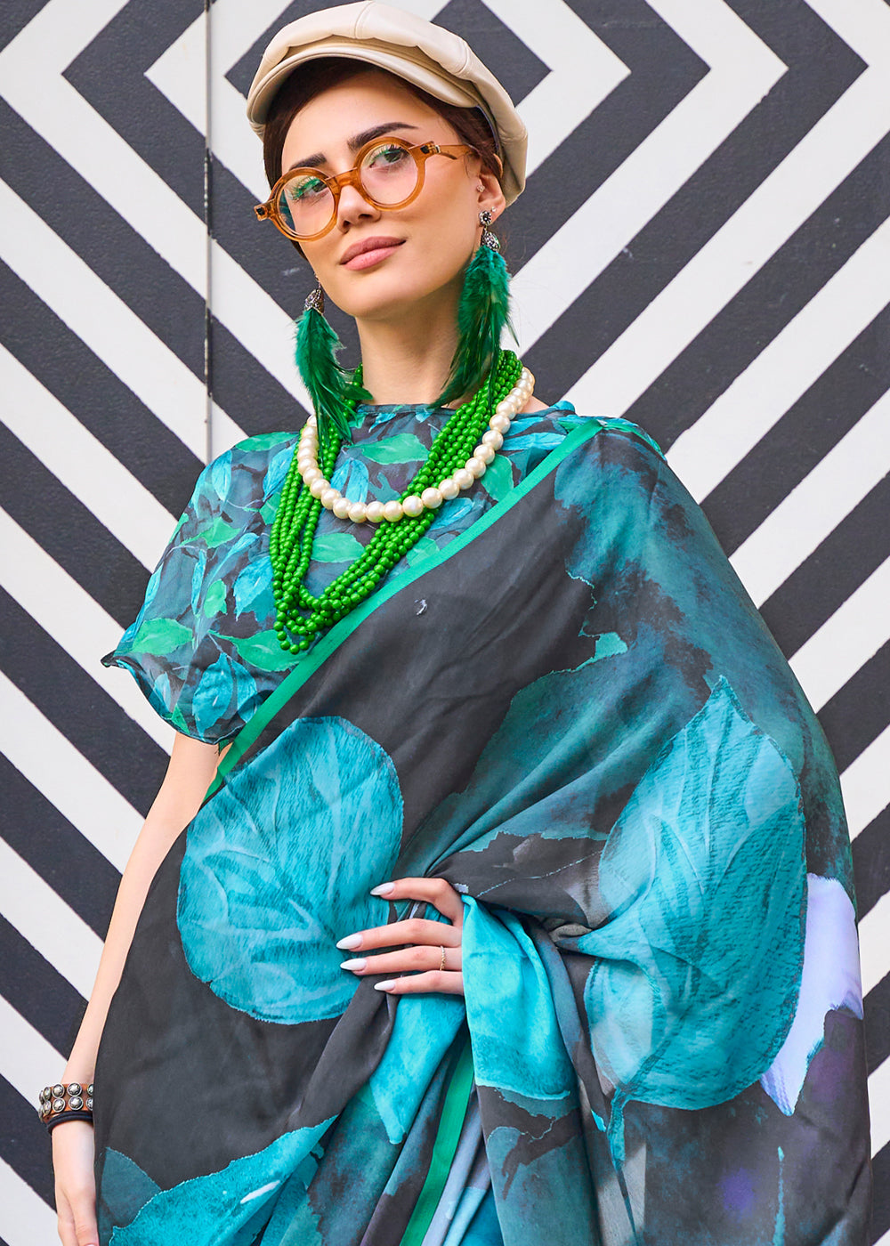 Blue & Black Printed Satin Silk Saree