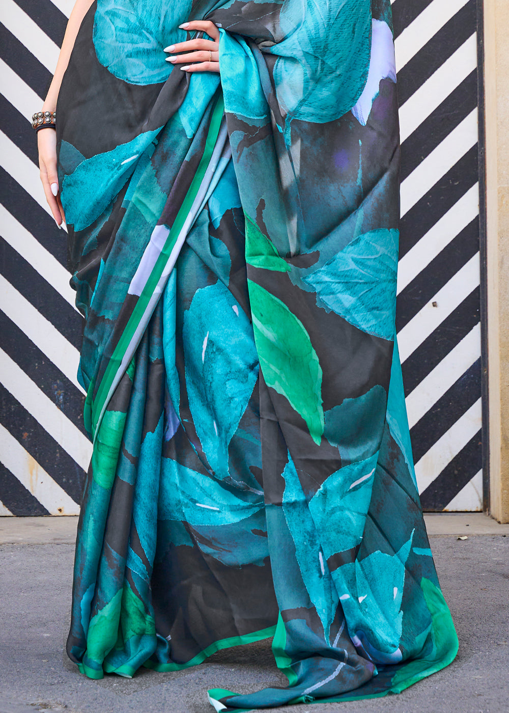 Blue & Black Printed Satin Silk Saree
