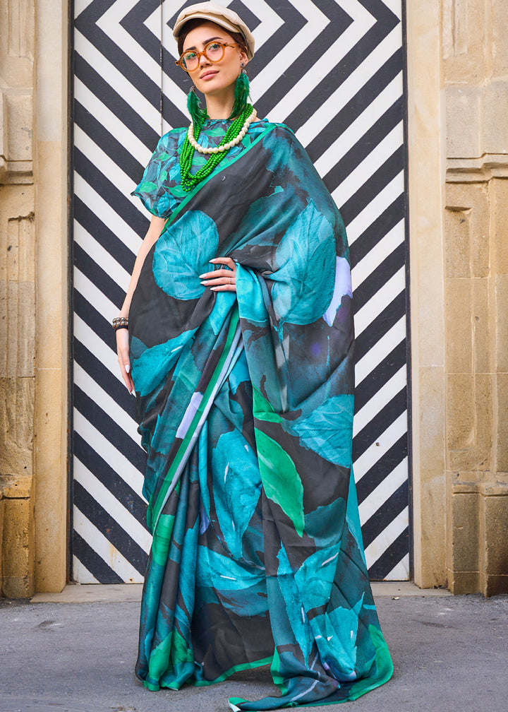 Blue & Black Printed Satin Silk Saree