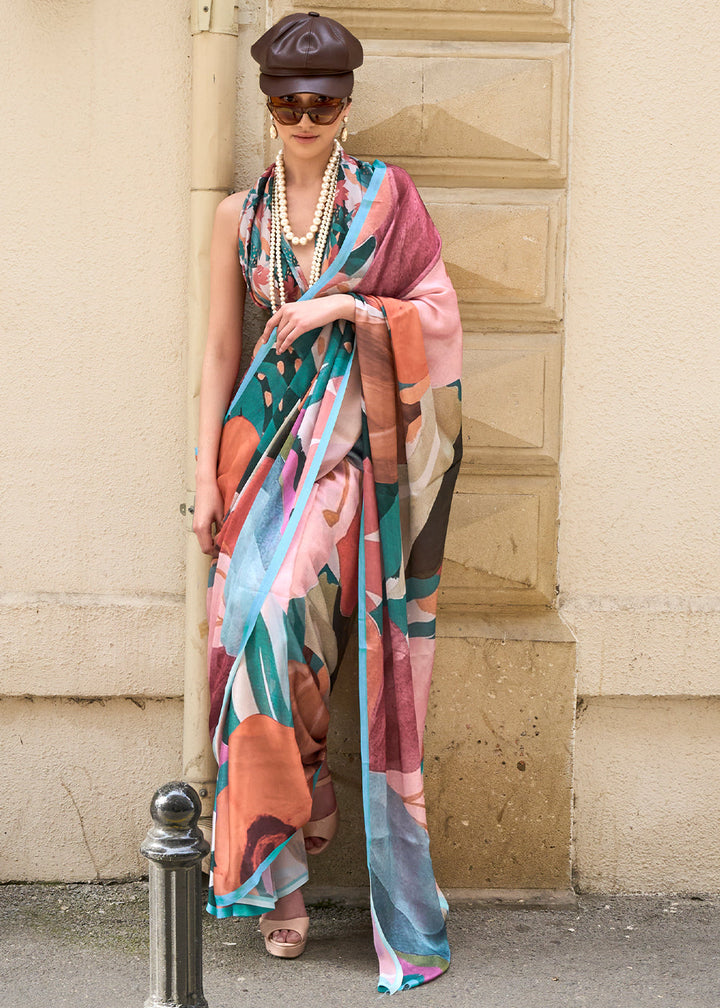 Multicolored Printed Satin Silk Saree