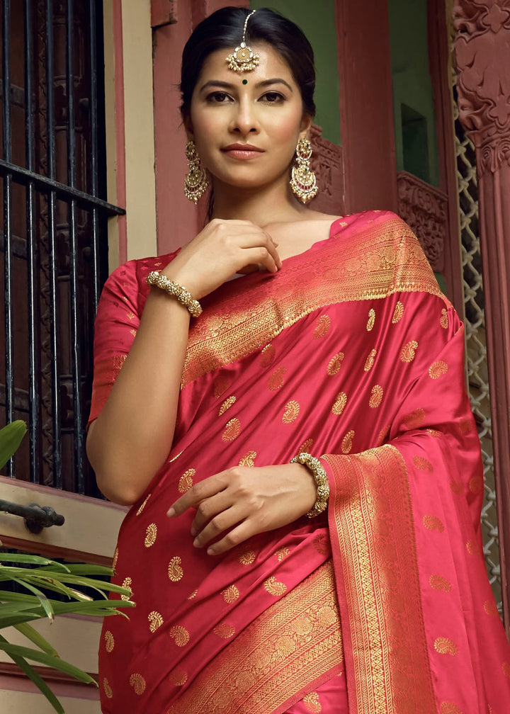 Reddish Pink Woven Designer Satin Silk Saree