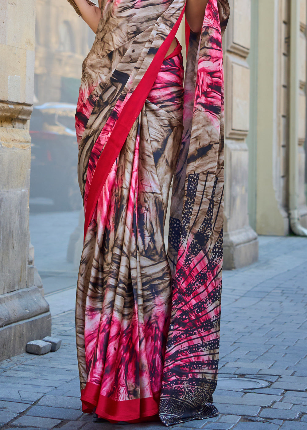 Pink & Brown Printed Crepe Saree