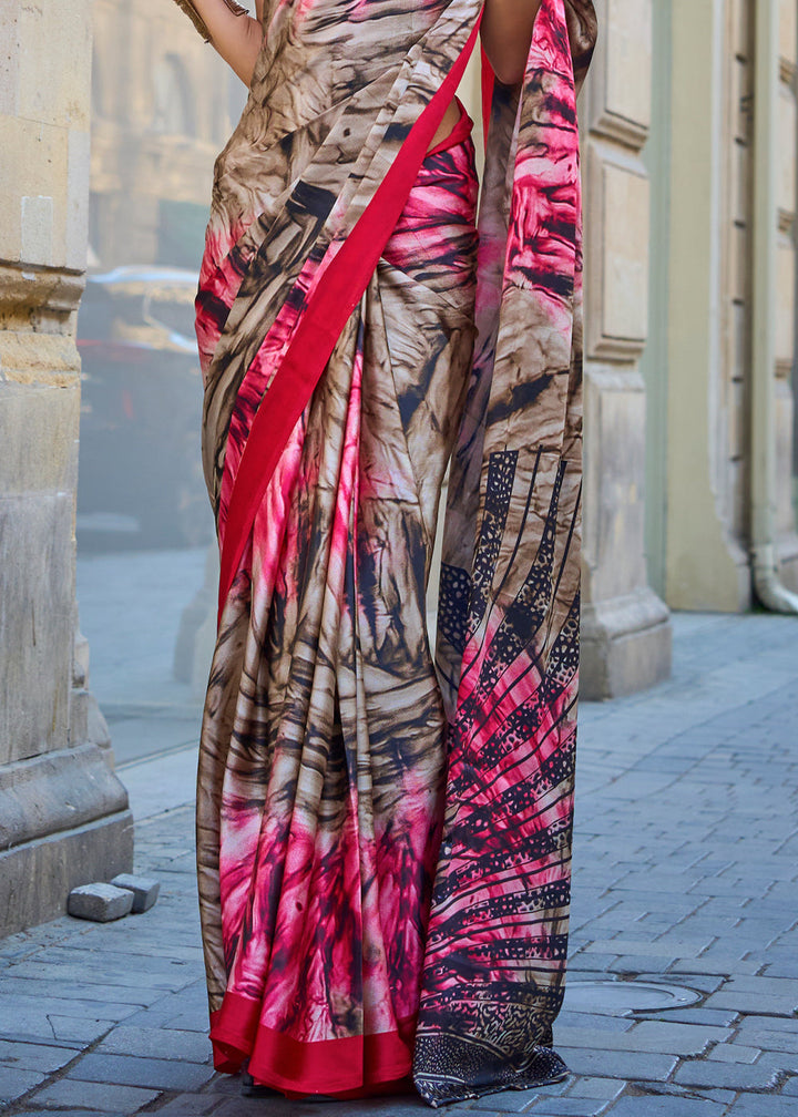 Pink & Brown Printed Crepe Saree