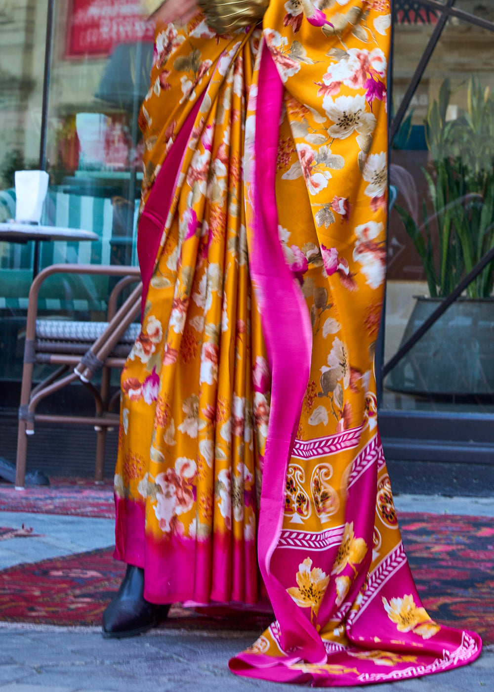 Saffron Yellow Printed Crepe Silk Saree