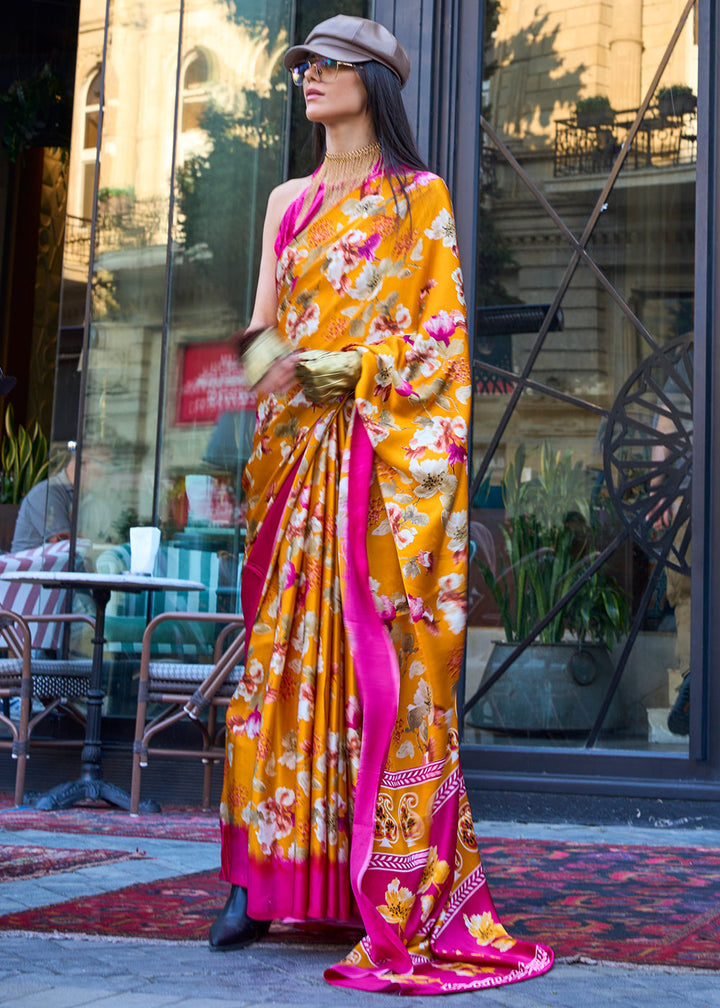 Saffron Yellow Printed Crepe Silk Saree