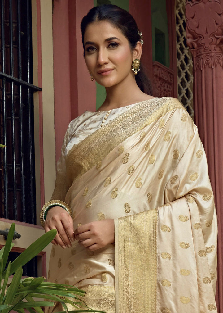 Daisy White Woven Designer Satin Silk Saree