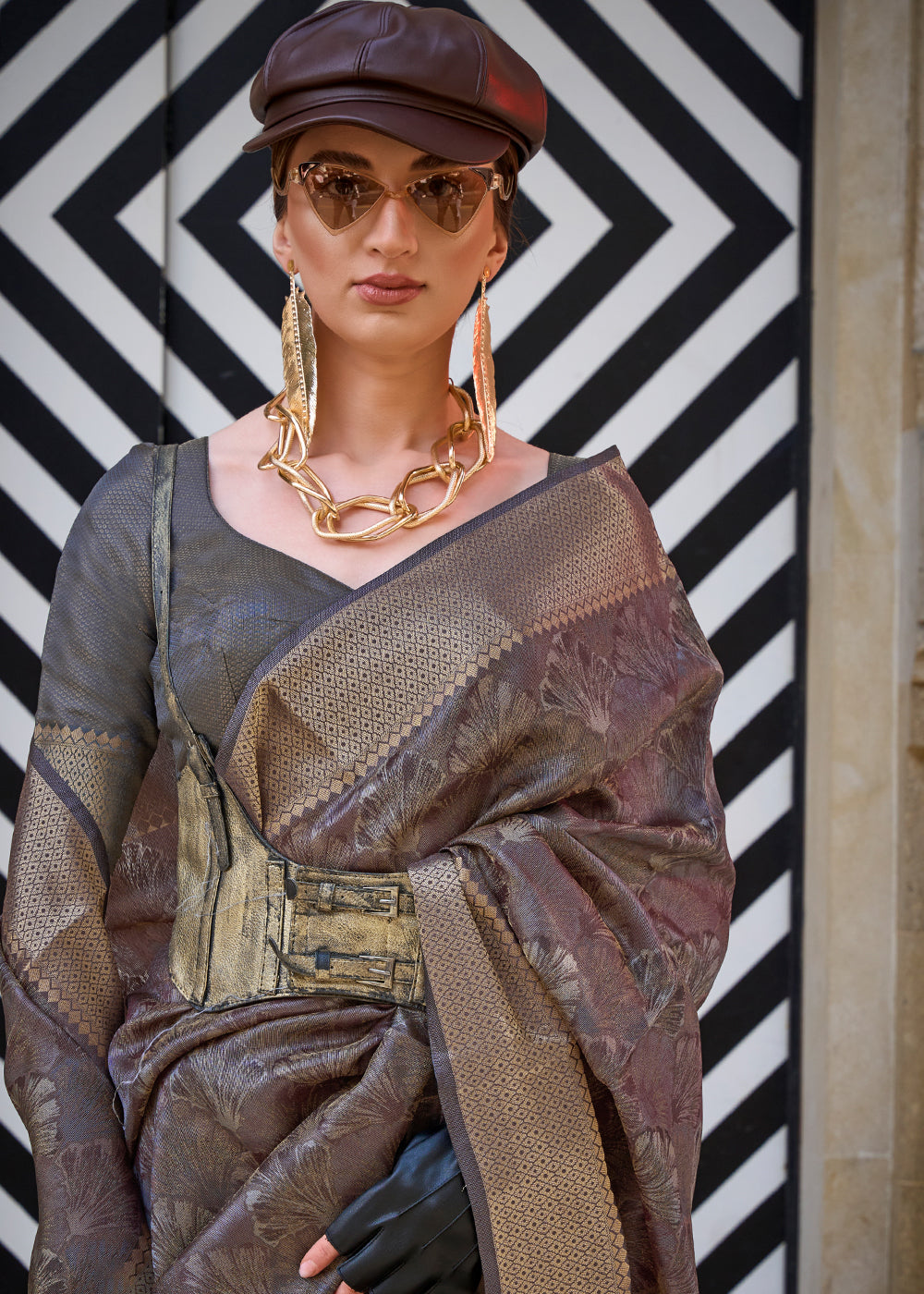 Dark Greyish Brown Two Tone Organza Silk Saree