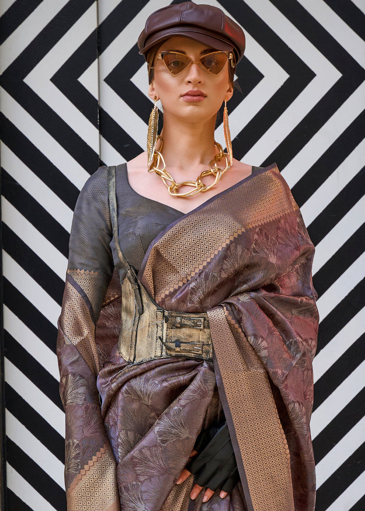 Dark Greyish Brown Two Tone Organza Silk Saree