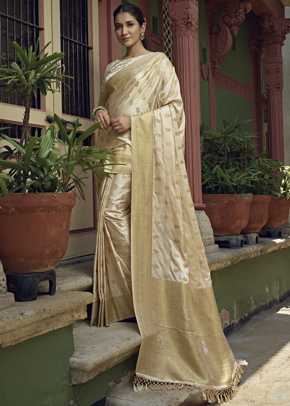 Daisy White Woven Designer Satin Silk Saree